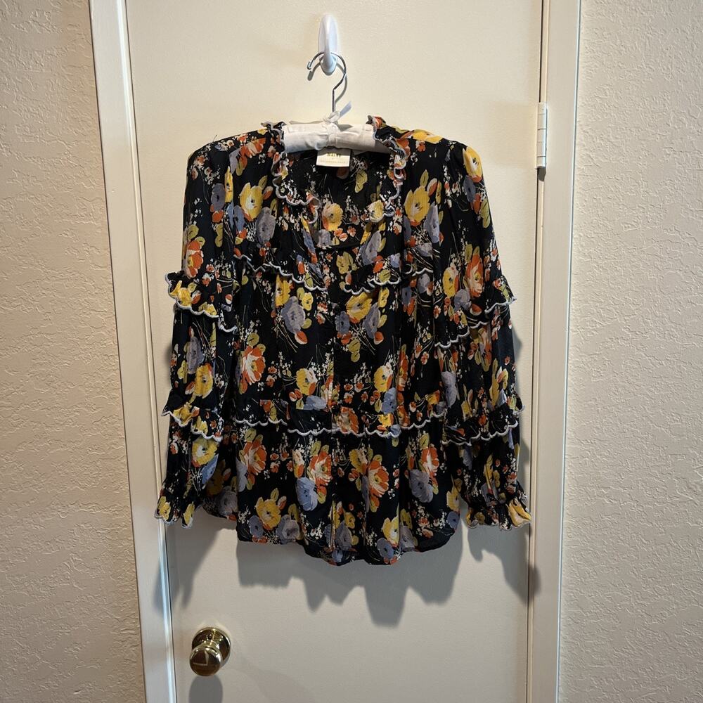 Anthropologie Maeve Women’s Small Floral Viscose Boho‎ Blouse Shirt Top Black - Picture 2 of 8